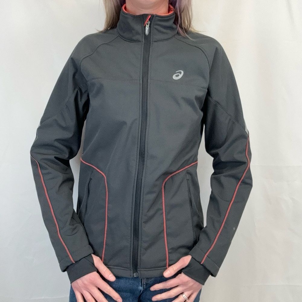 ASICS Running Jacket Full Zip Softshell Gray Orange Reflective Womens Small